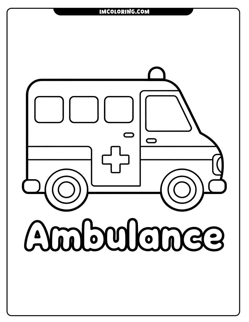 Full page coloring image of A simple outline of an ambulance vehicle with a medical cross and the word ambulance written below