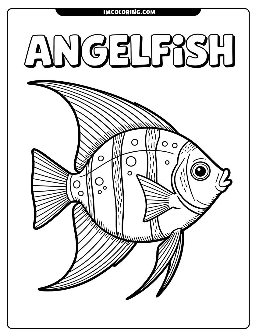Free printable coloring sheet of A line art illustration of a striped angelfish with large fins and the word Angelfish above it