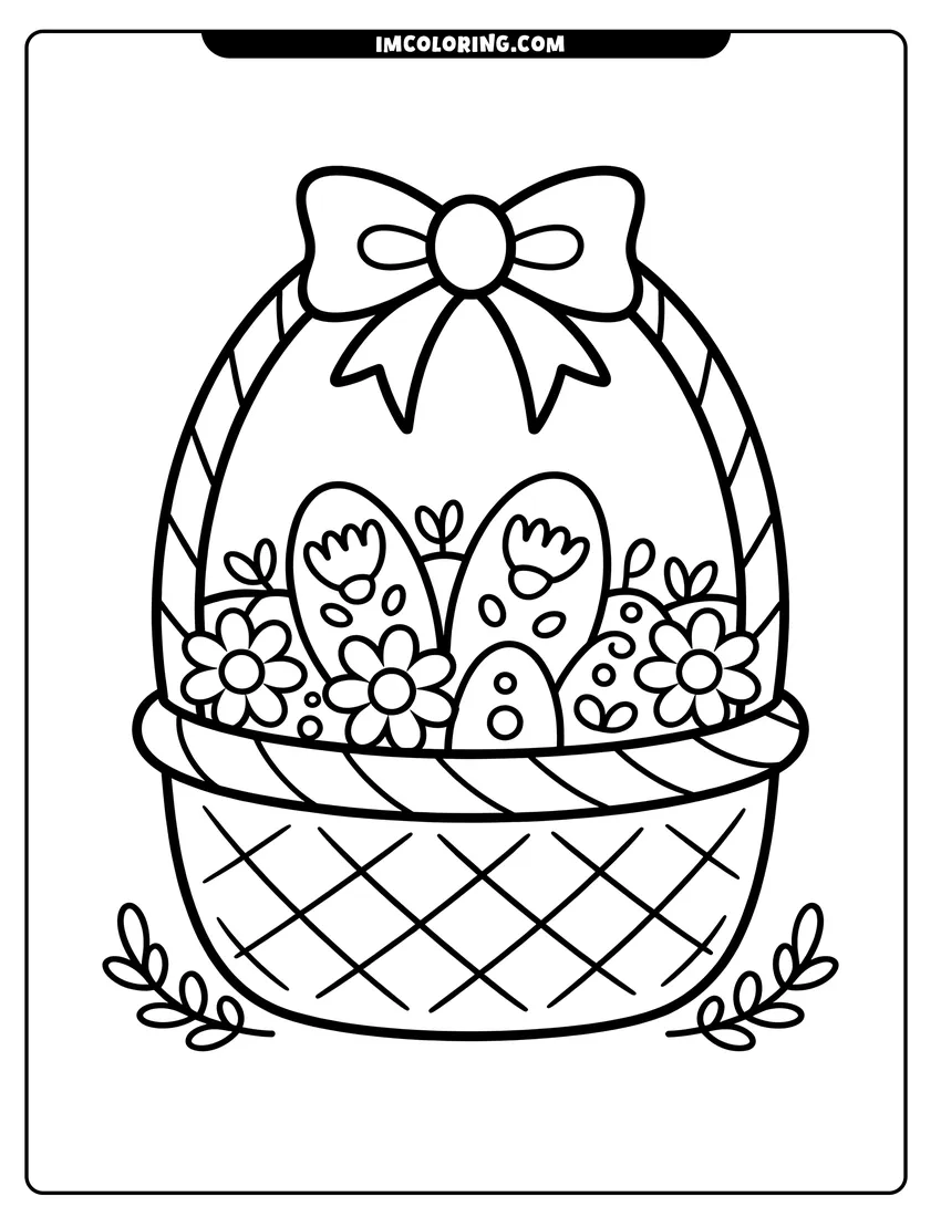 Free printable coloring sheet of A woven basket with a large bow contains several flowers and decorated Easter eggs with thick black outlines