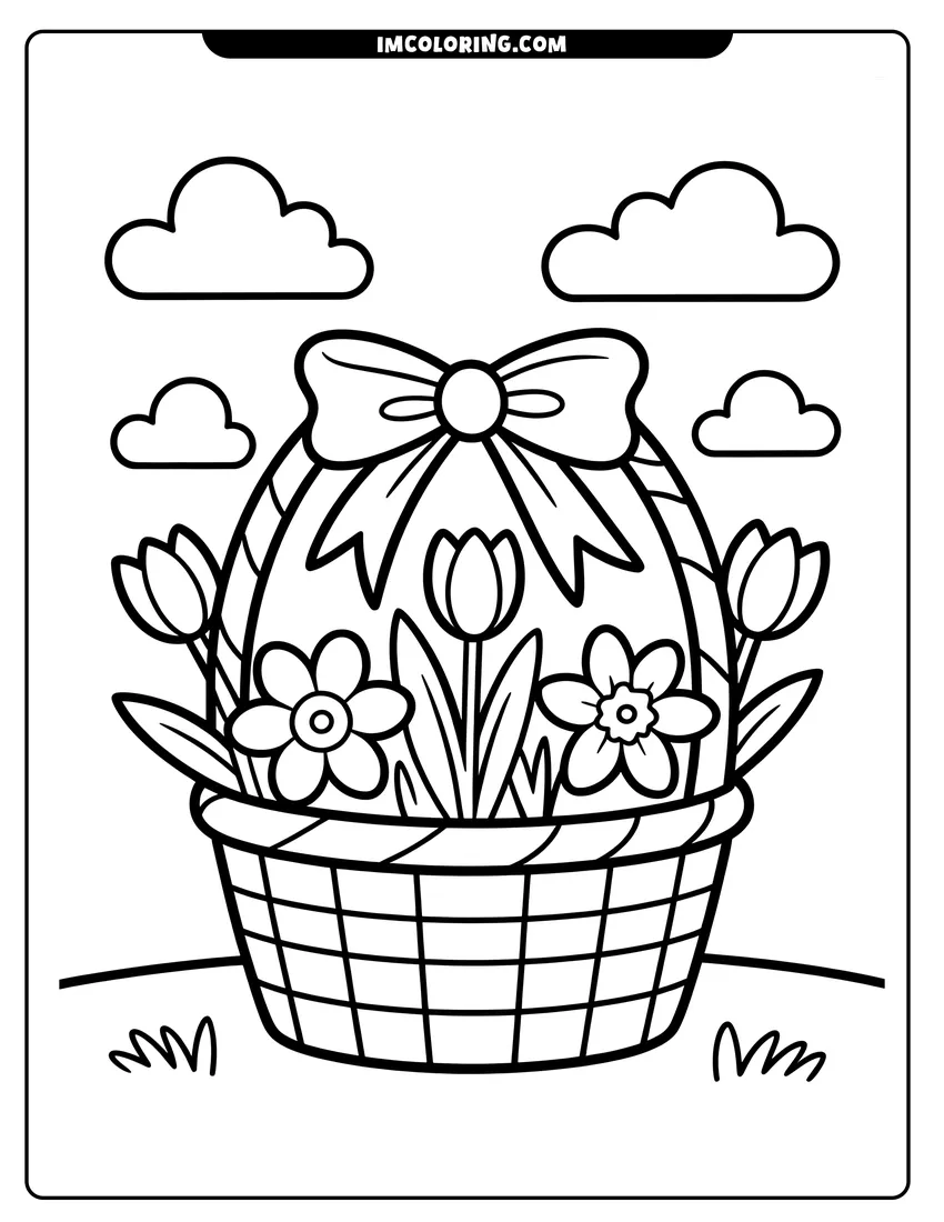 PDF style coloring page: A woven basket filled with daisies and tulips featuring a large bow under a cloudy sky