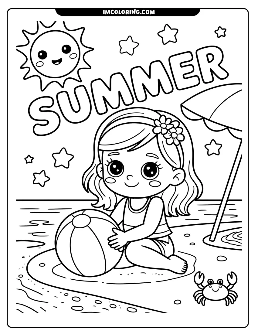 High quality printable A cute girl sitting on the beach holding a striped ball under a smiling sun and beach umbrella for coloring