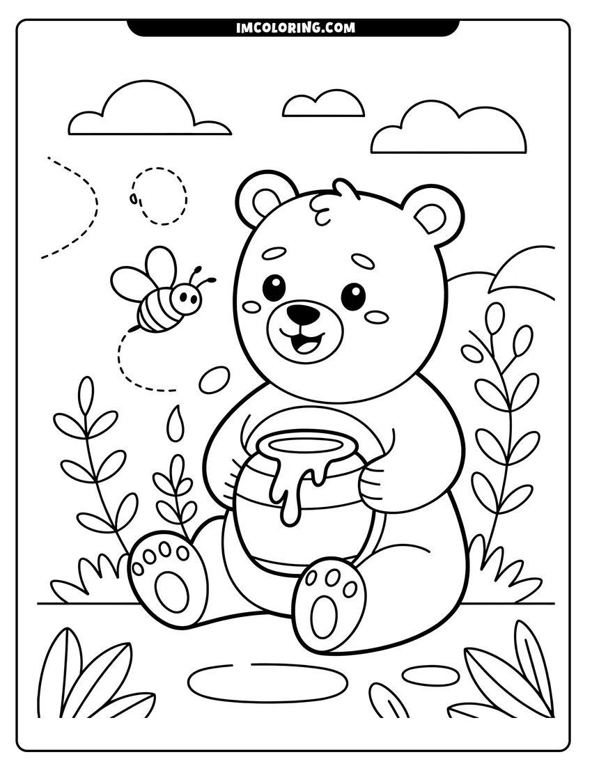 Coloring sheet featuring A cute cartoon bear holding a honey pot while a small bumblebee flies in the air nearby