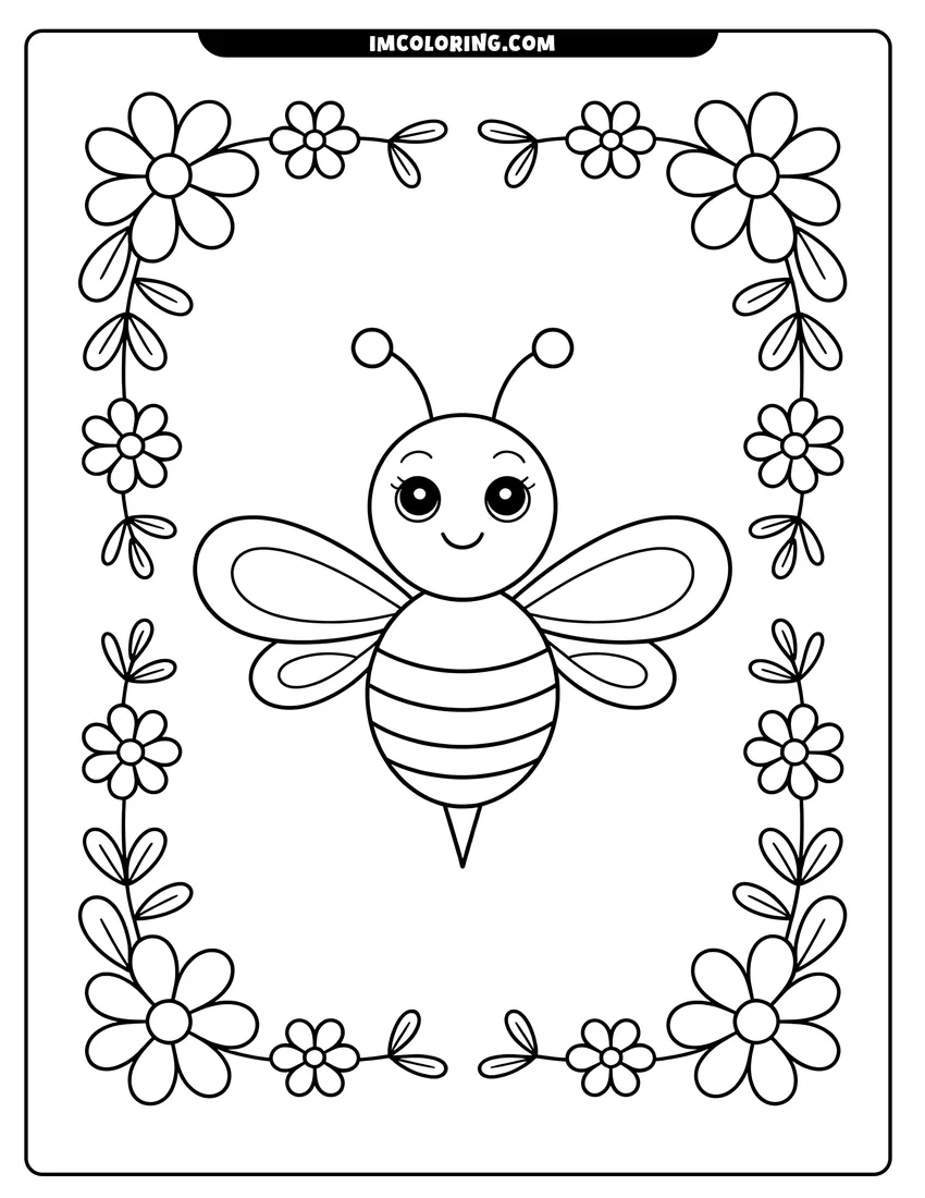 Clean line drawing: A cute cartoon bee with big eyes and a smile flying inside a decorative border of blooming flowers