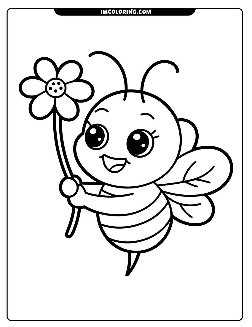High quality printable A cute cartoon bee with large eyes flying and holding a single flower in its small hands for coloring