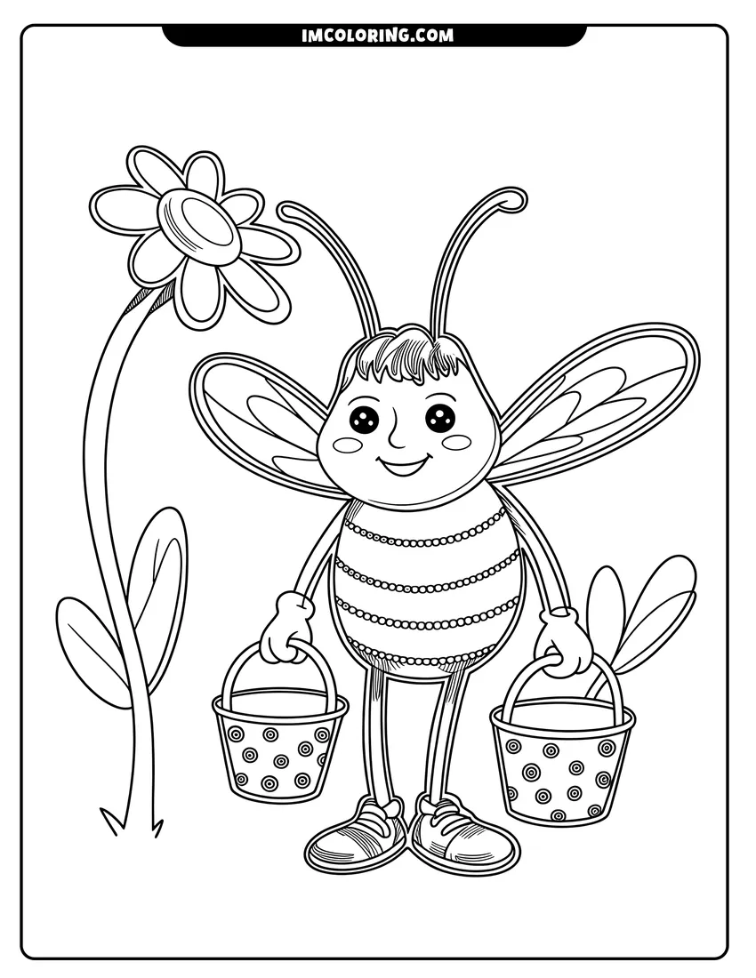Linear illustration of A smiling bee wearing shoes and carrying two buckets stands next to a tall daisy flower