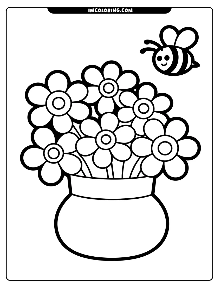 Full page coloring image of A cute smiling bee flies toward a large vase filled with big flowers with thick black outlines
