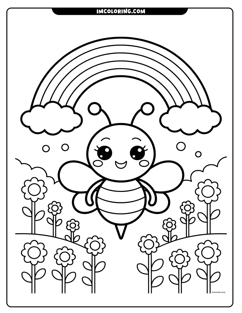 Clean line drawing: A cute cartoon bee flying over a field of flowers under a rainbow with fluffy clouds