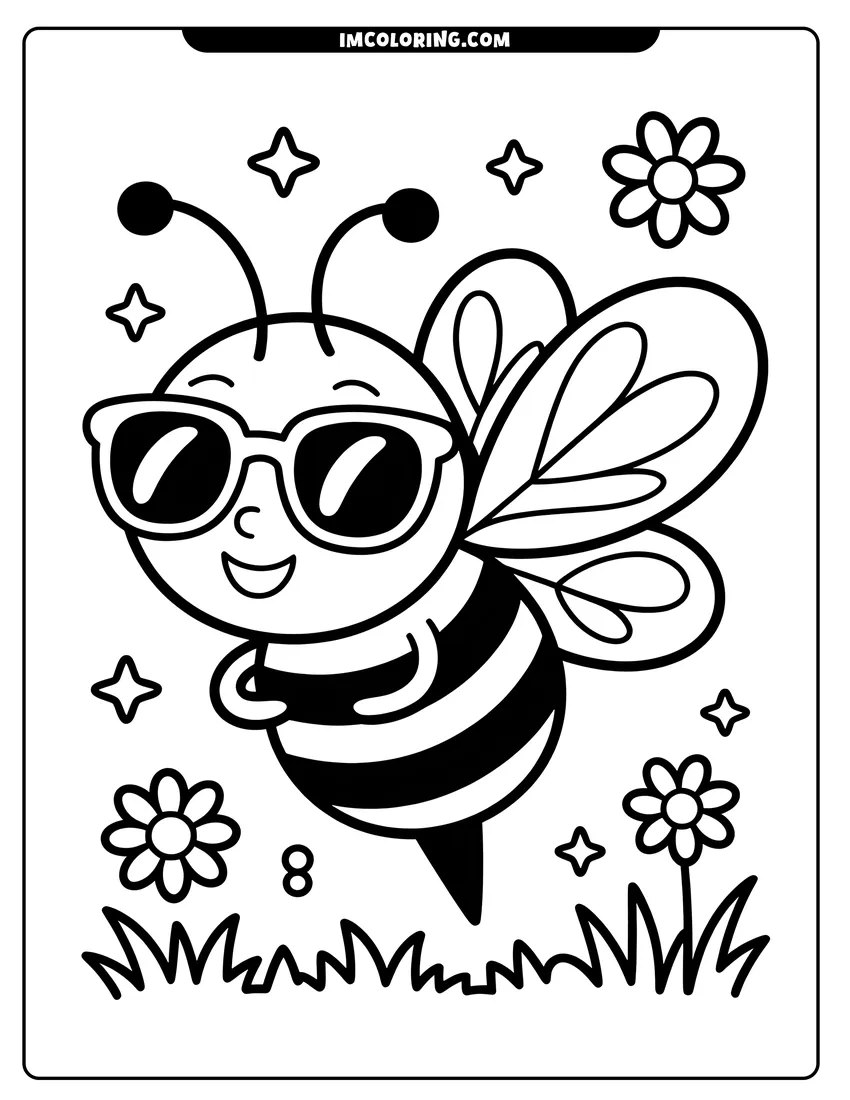 Coloring page for kids: A happy cartoon bee wearing sunglasses flying over flowers and grass with stars in the background