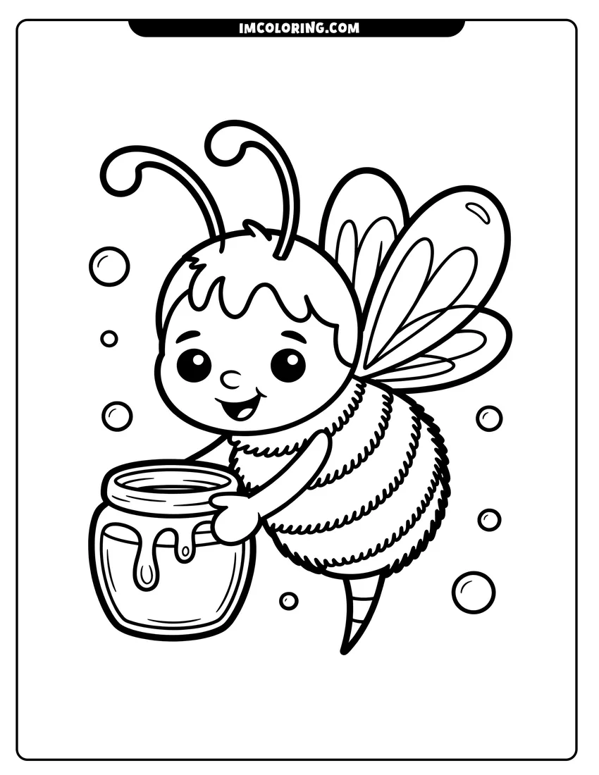 Free printable coloring sheet of A cute cartoon bumblebee with big eyes holding a glass jar of dripping honey while flying