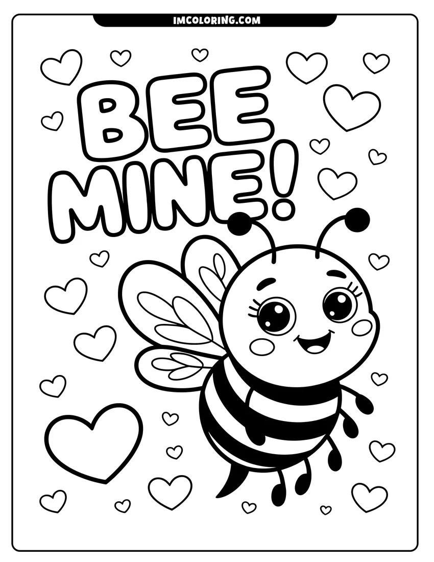 Printable coloring page of A smiling cartoon bee surrounded by floating hearts with the words Bee Mine in bubble letters