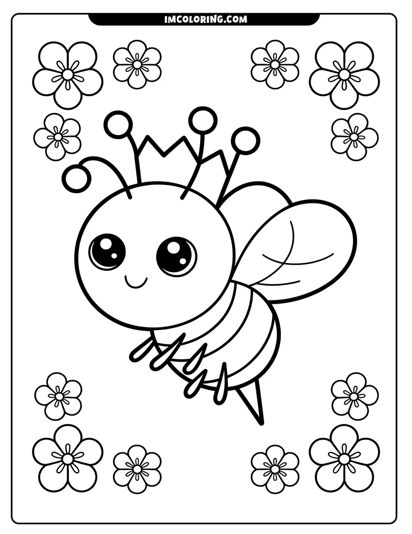 Doodle style coloring picture of A cute cartoon bee wearing a crown and flying among several simple flower outlines in a garden