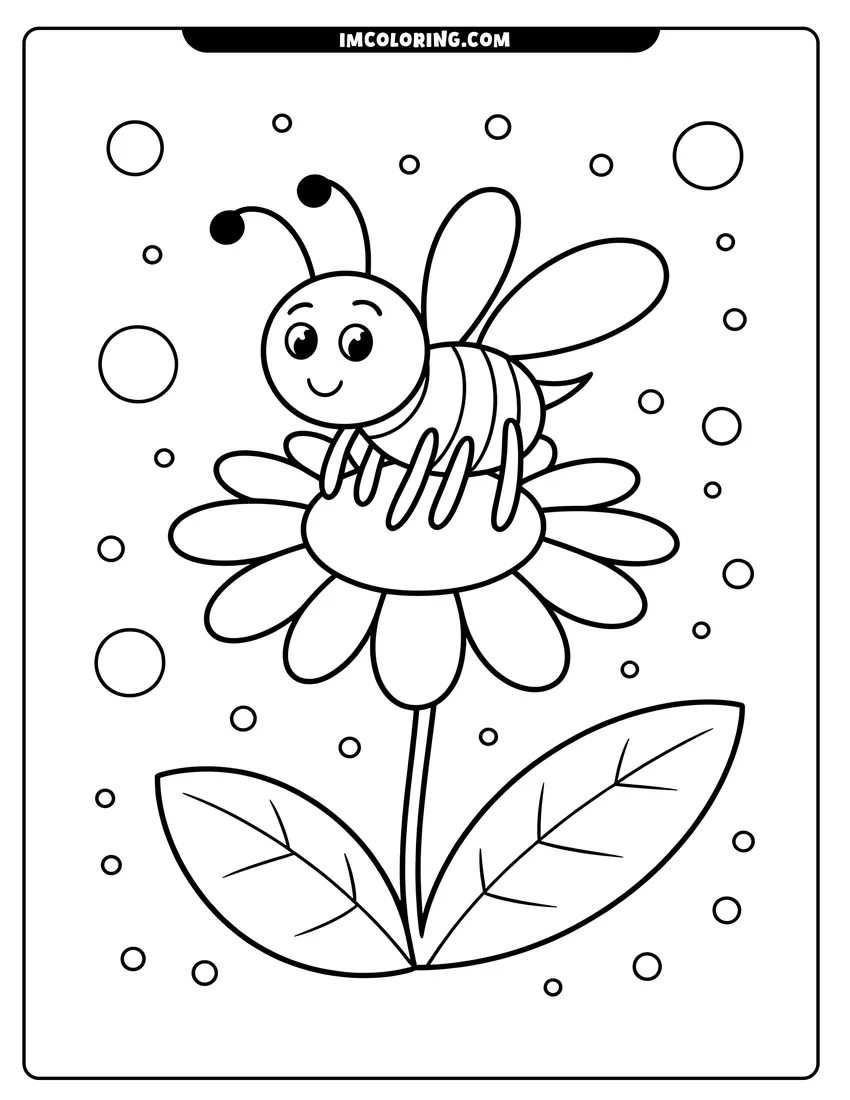 Outline drawing of A smiling cartoon bee sitting on top of a large daisy with bubbles floating in the background