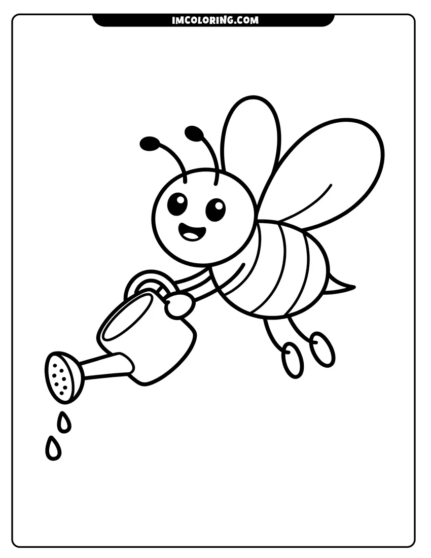 Printable line art of A cute cartoon bee flying and holding a watering can to water plants with simple thick lines