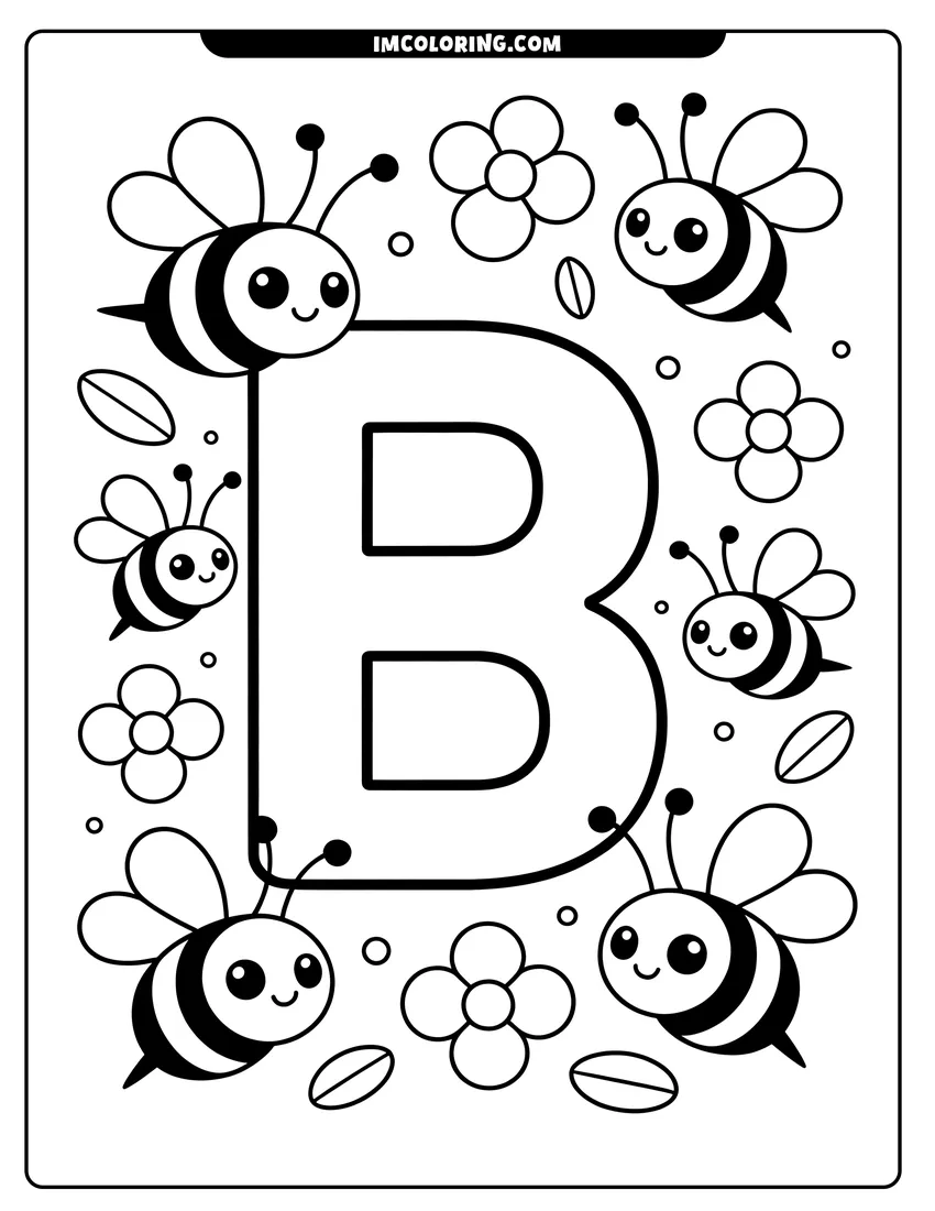 Vector style outline of A large capital letter B surrounded by six cute cartoon bees, small flowers, and scattered leaves