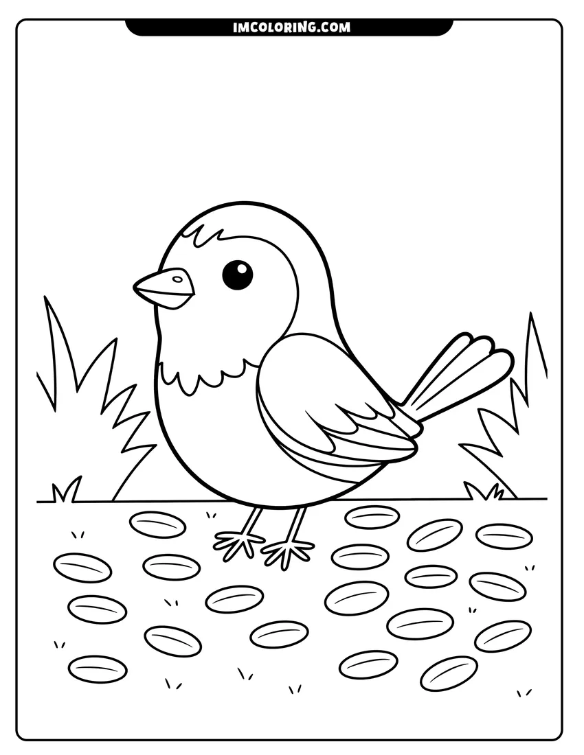 Black and white line art of A cute round bird standing on the ground with seeds and grass in a simple outdoor setting