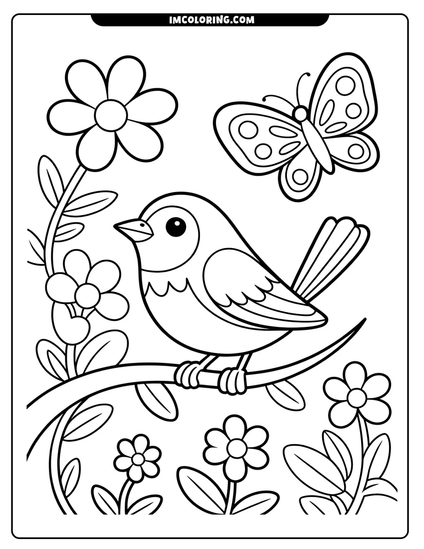 Free printable coloring sheet of A cute bird perched on a branch surrounded by flowers with a butterfly flying in the background