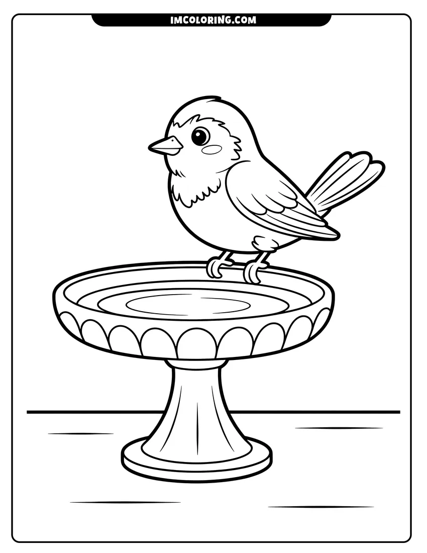 PDF style coloring page: A cute cartoon bird with large eyes perching on the edge of a garden birdbath