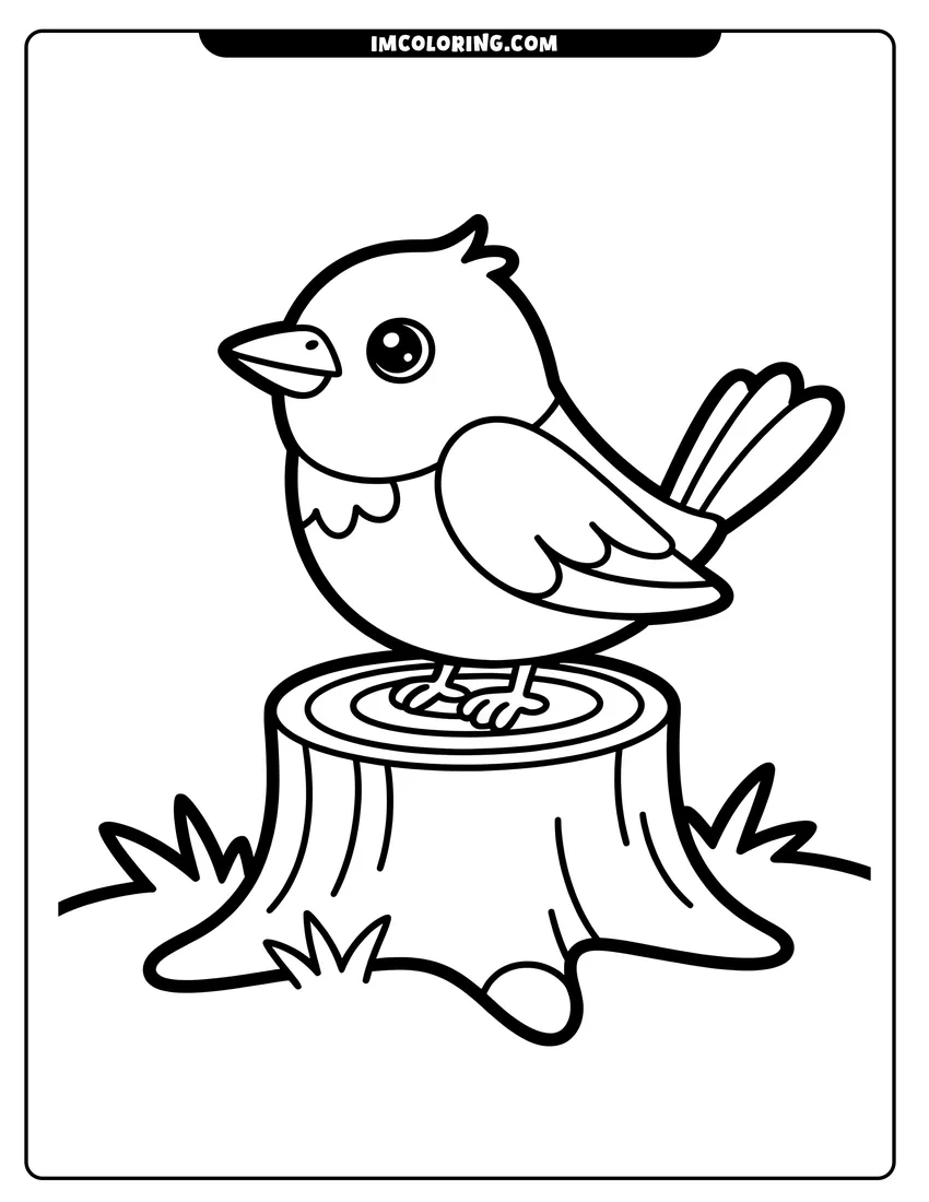 High quality printable A cute cartoon bird with big eyes perched on a tree stump in a grassy forest clearing for coloring