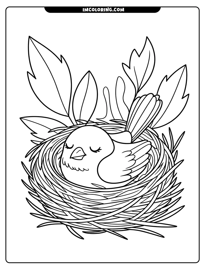 Outline drawing of A cute cartoon bird with closed eyes sleeping inside a detailed straw nest with leaves in background