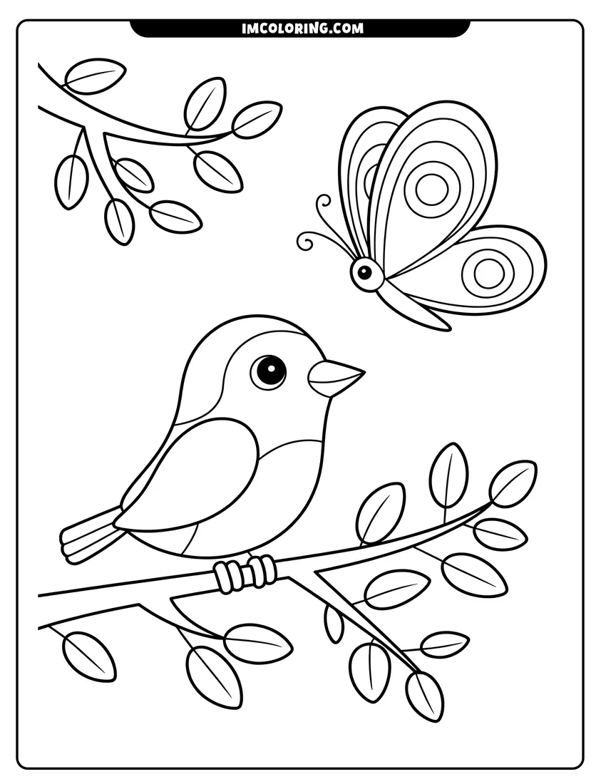 Linear illustration of A small bird perched on a branch looking up at a butterfly with patterned wings in flight