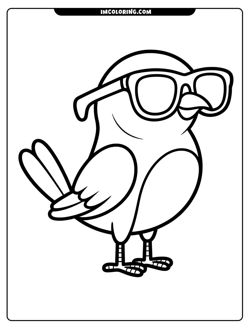 Clean line drawing: A cute cartoon bird wearing big sunglasses standing with a friendly smile