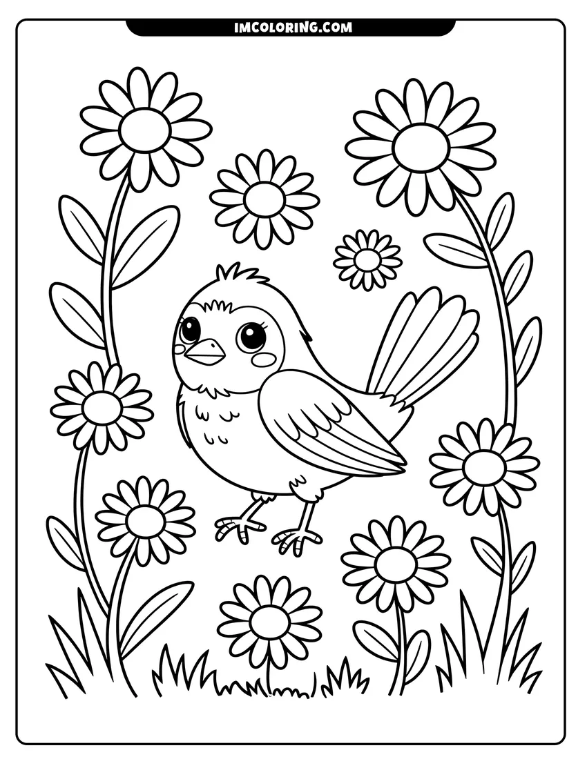 Printable coloring page of A small round bird with big eyes standing in a garden surrounded by tall blooming daisy flowers