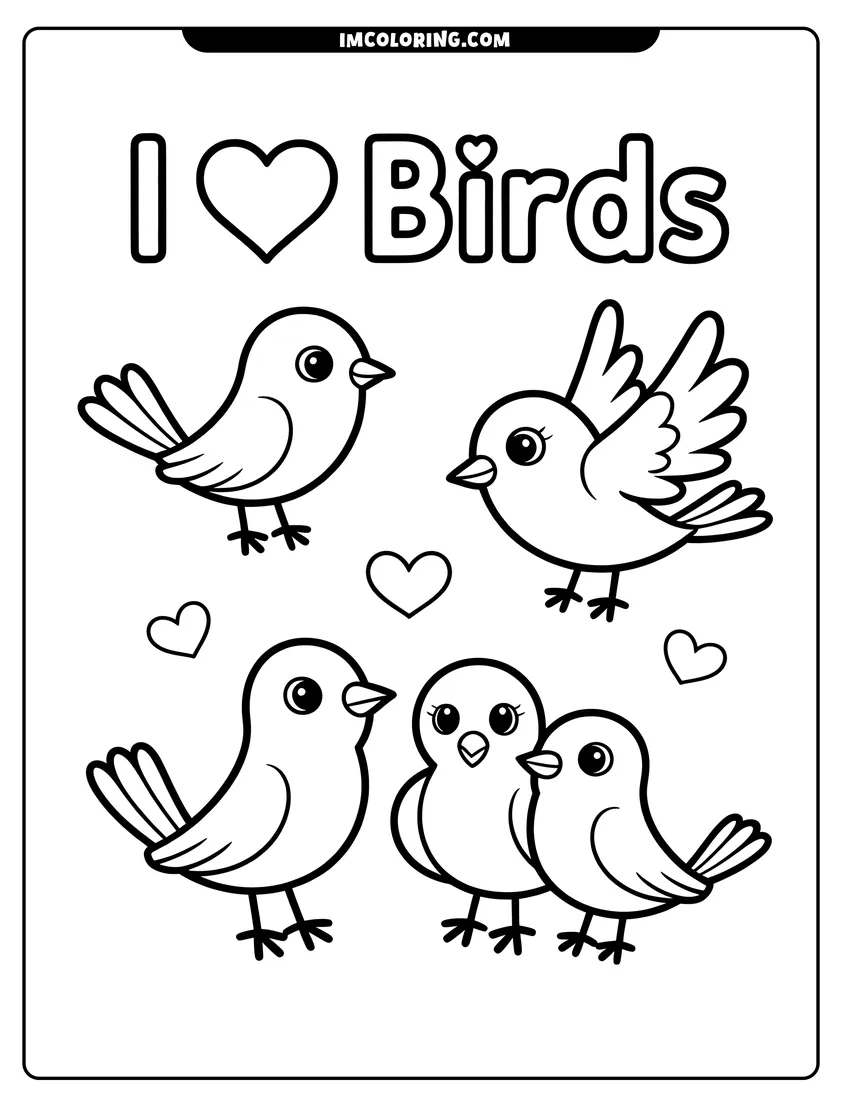 Simple sketch of Four cute cartoon birds and small hearts under the text I love Birds with thick outlines to color