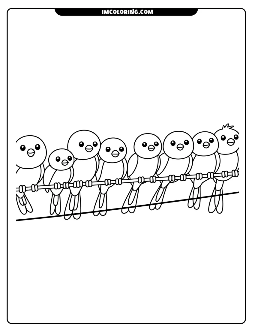 High quality printable A row of eight cute cartoon birds with big eyes sitting together on a thin wire line for coloring
