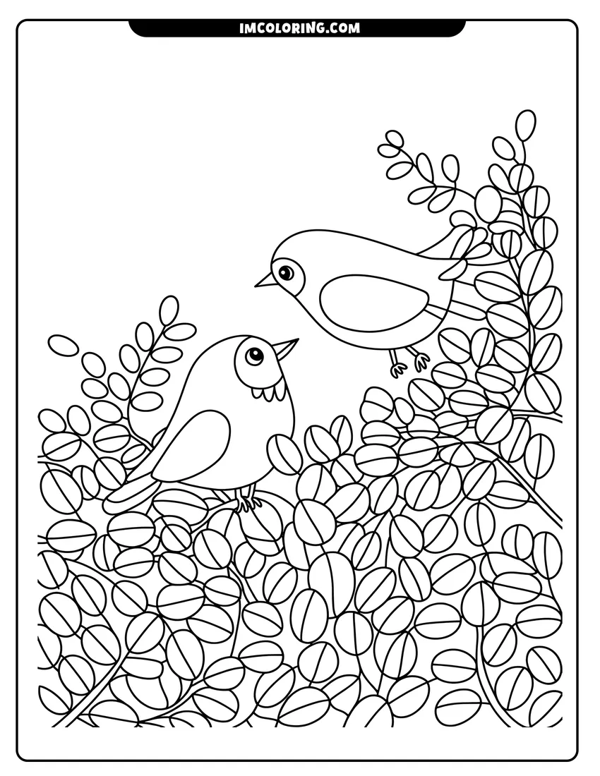 Linear illustration of Two simple birds perched on branches surrounded by many small round leaves in a dense garden shrub