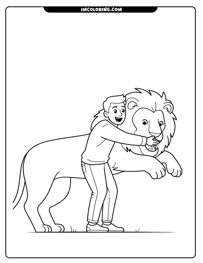 PDF style coloring page: A happy young boy hugging a friendly male lion with a large mane in a simple line drawing
