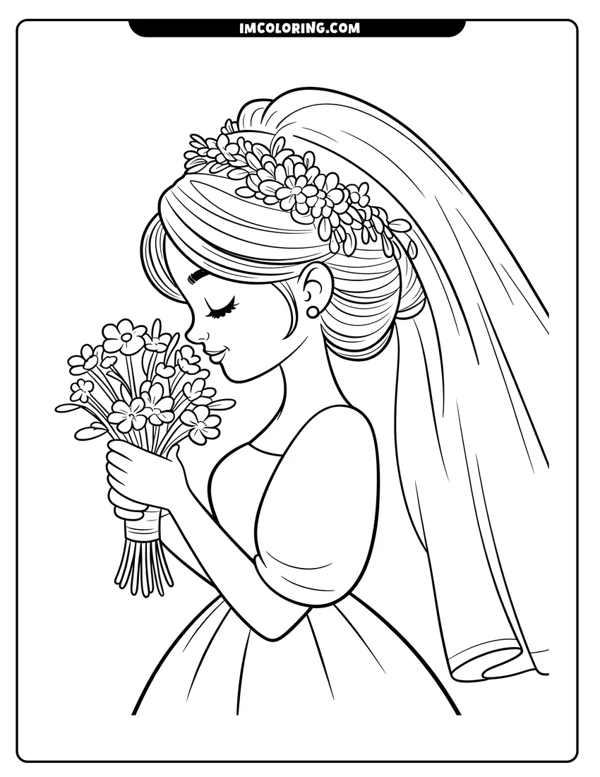 Coloring sheet featuring A bride with a flower crown and veil holding a small bouquet of flowers while smiling gently