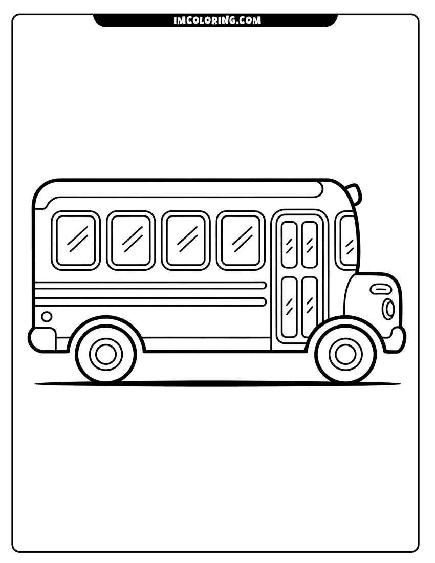 Doodle style coloring picture of A side view of a school bus with large windows and round wheels ready for a drive