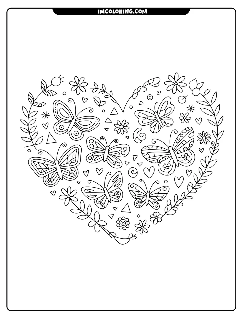 Free printable coloring sheet of A heart-shaped arrangement of various butterflies, small flowers, and leafy vines with tiny hearts and geometric shapes