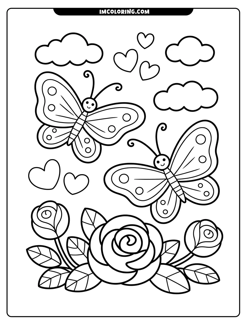 Linear illustration of Two smiling butterflies fly above blooming rose flowers with clouds and floating hearts in the sky