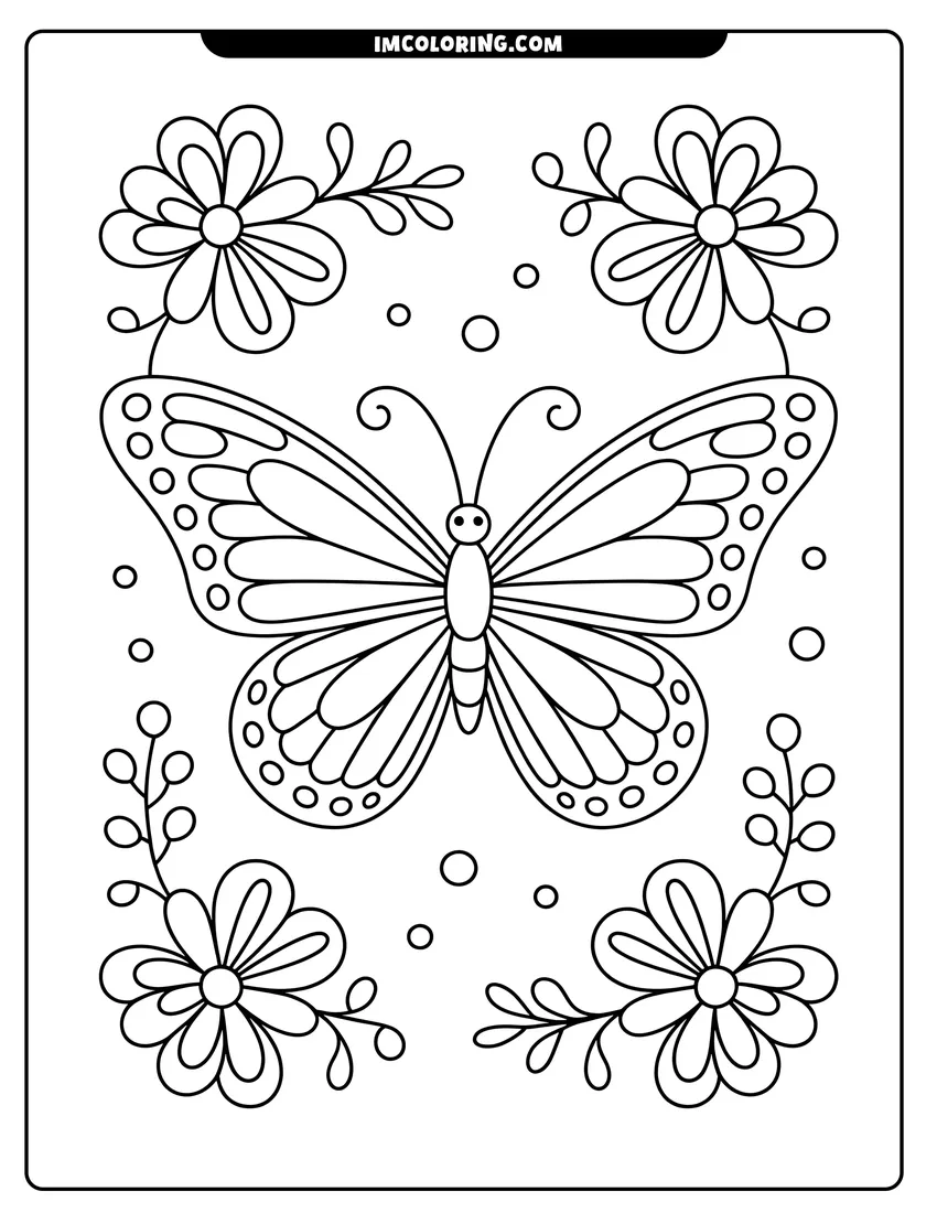 Coloring page of A symmetrical butterfly with patterned wings surrounded by four large flowers and small floating circles