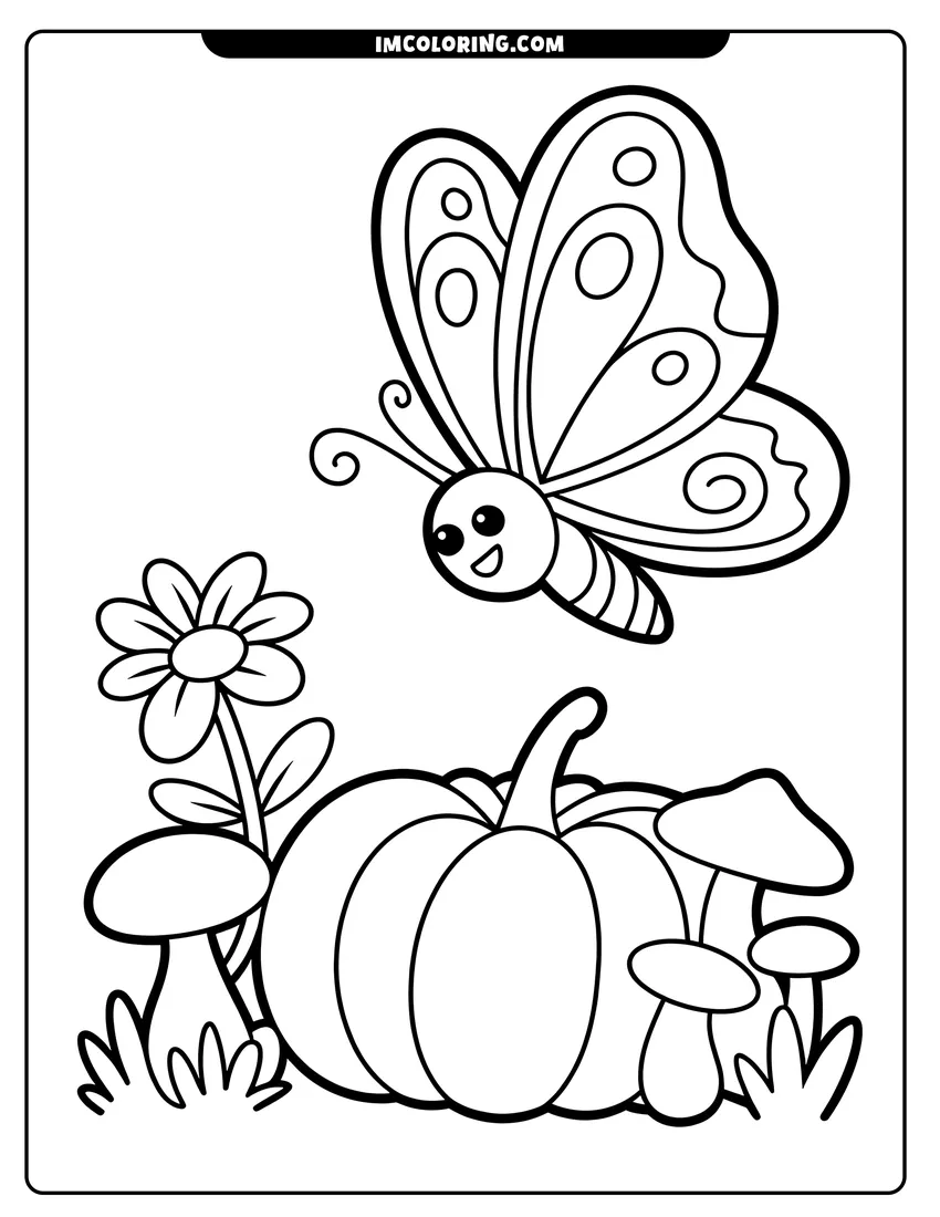 Doodle style coloring picture of A cute smiling butterfly flying over a large pumpkin surrounded by a flower and small mushrooms