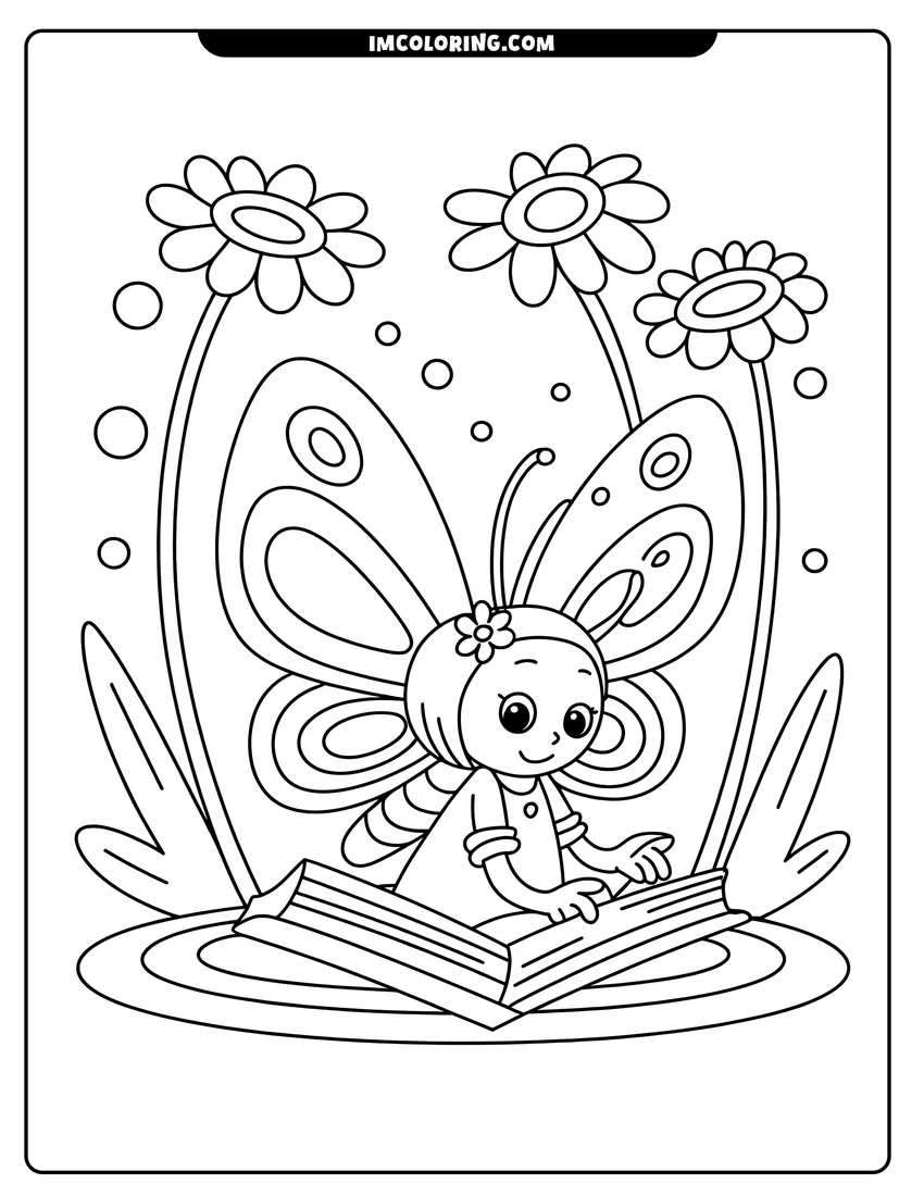 Printable coloring page of A cute butterfly character with large wings reading an open book surrounded by tall daisies and bubbles