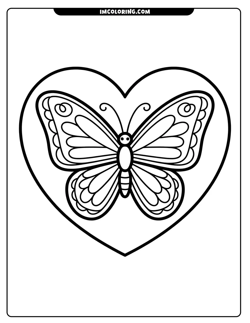 Linear illustration of A butterfly with patterned wings centered inside a large heart frame with bold black outlines for children
