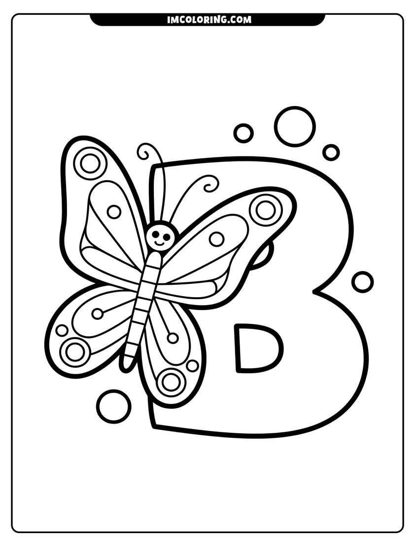 Black and white line art of A cute butterfly with patterned wings rests on a large uppercase letter B surrounded by small bubbles