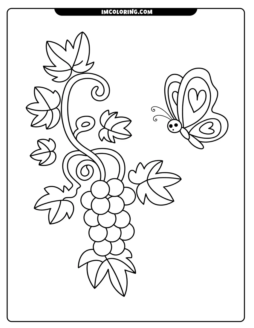 PDF style coloring page: A butterfly with heart patterns on its wings flying next to a cluster of grapes and leaves