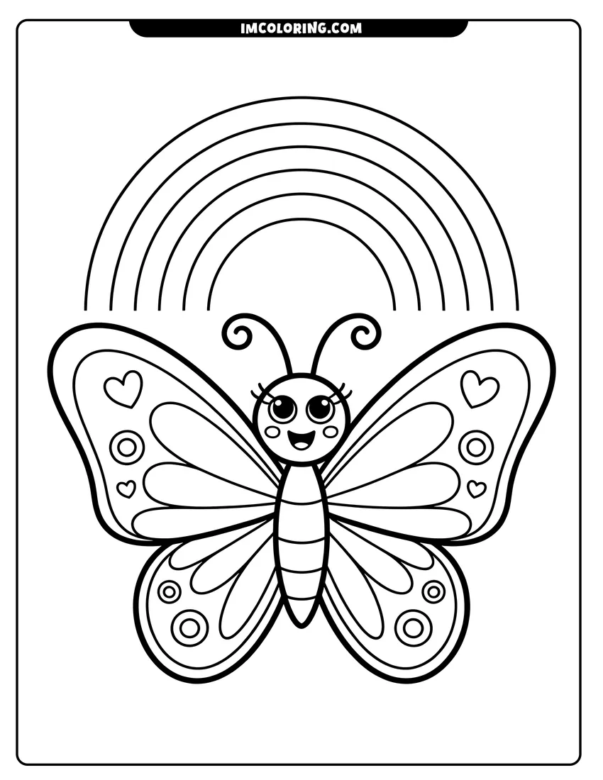 Free to print drawing of A smiling cartoon butterfly with hearts on its wings flying beneath a tall arched rainbow in the sky