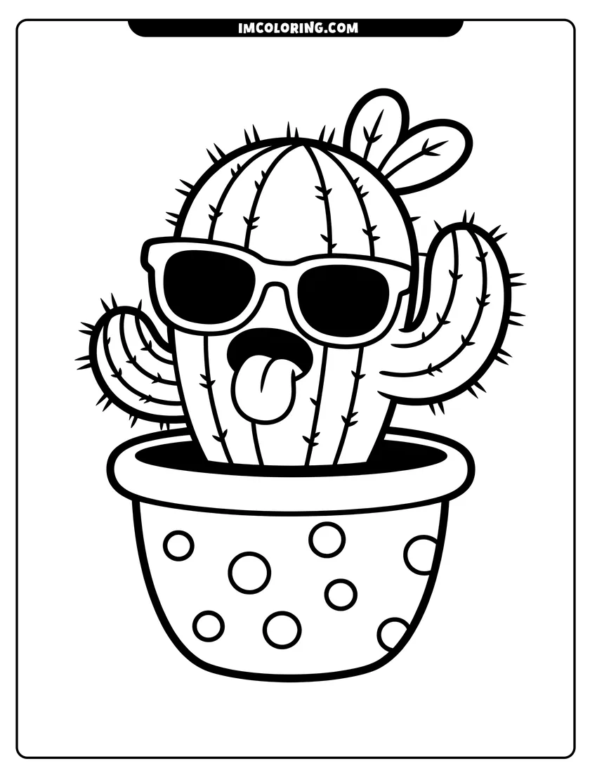 Coloring sheet featuring A cartoon cactus wearing sunglasses and sticking its tongue out inside a polka dot plant pot