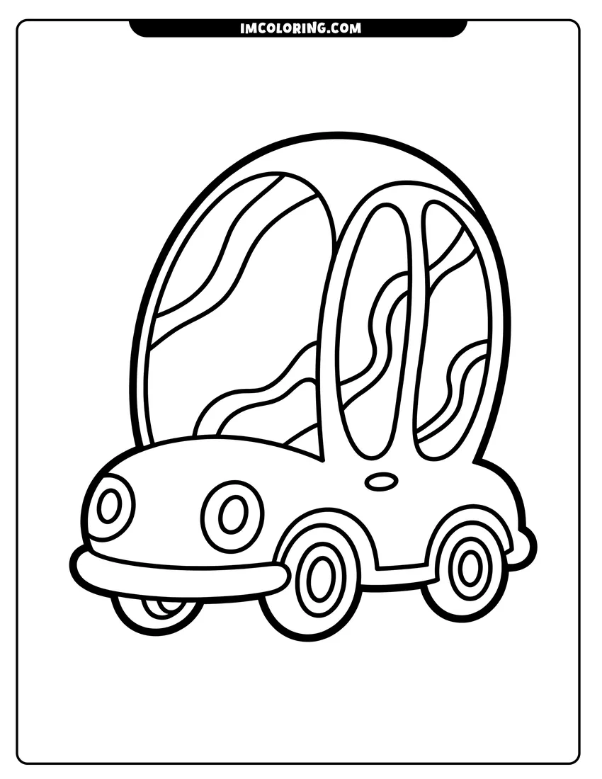 Full page coloring image of A cartoon car with a very high roof, large round windows, and big circular headlights