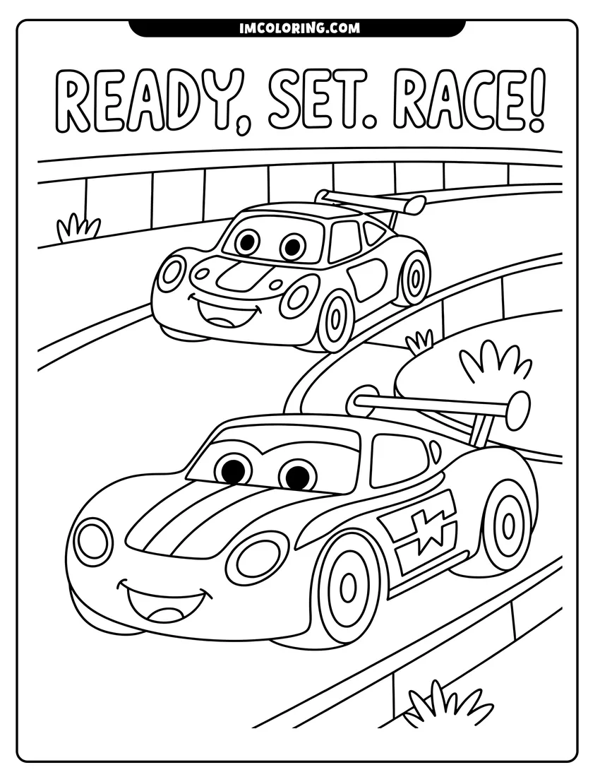 Simple sketch of Two smiling cartoon race cars with big eyes competing on a racetrack with a Ready Set Race sign to color