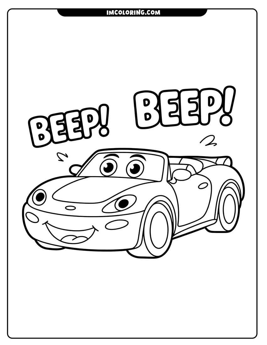 PDF style coloring page: A smiling convertible car with big eyes and the words BEEP BEEP written in the background