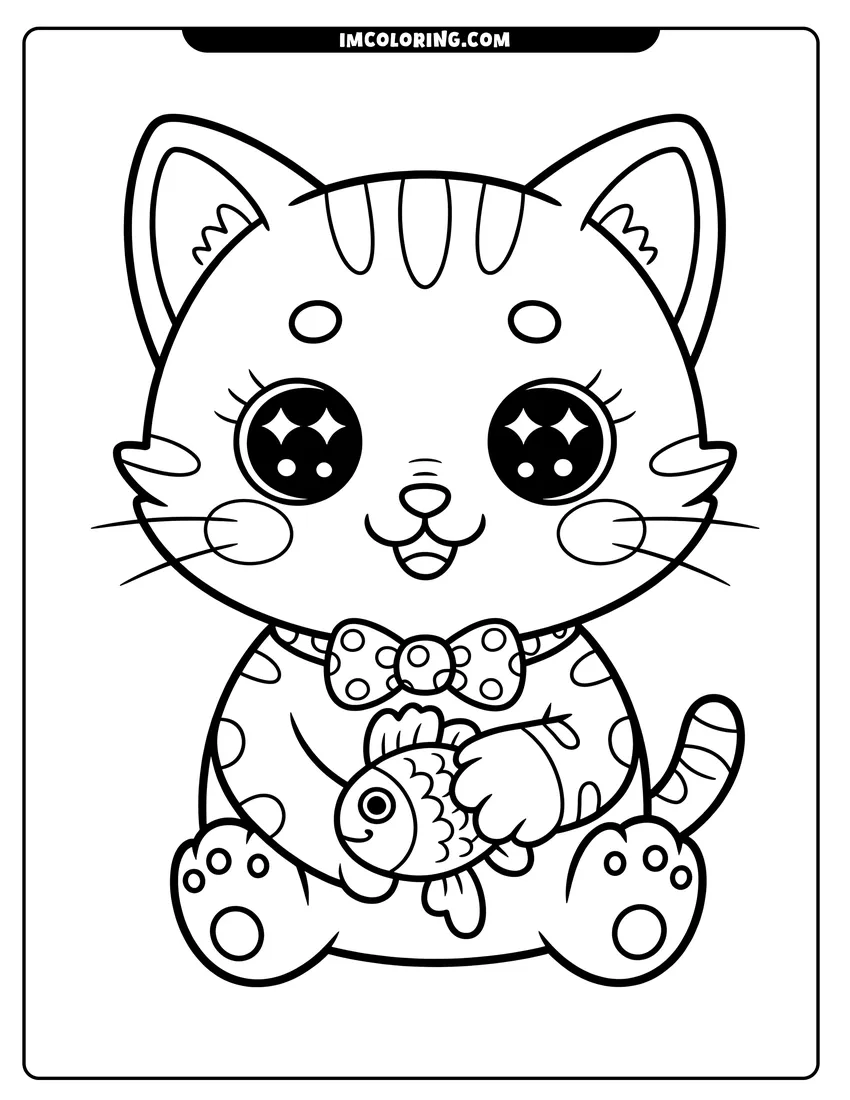 Simple sketch of A cute kitten with big eyes and a polka dot bow tie holding a small fish to color