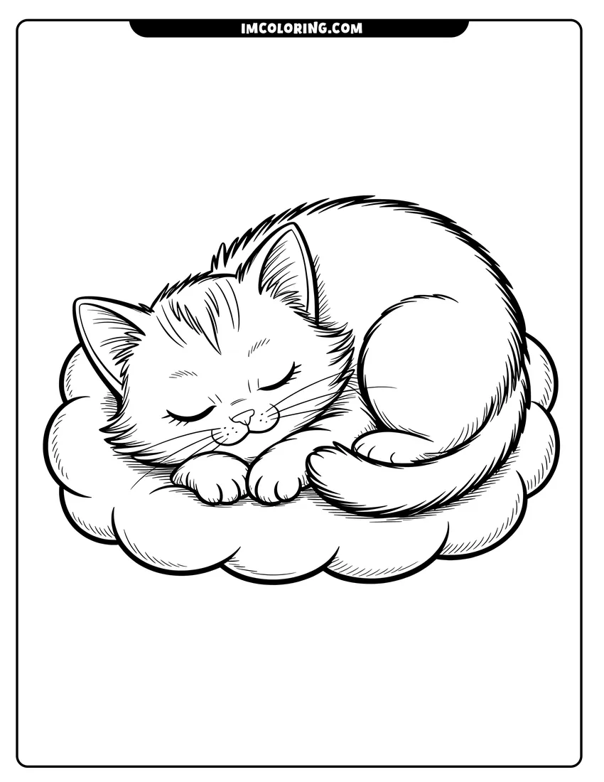 Downloadable coloring page of A small kitten with closed eyes sleeping soundly on top of a fluffy, rounded cloud