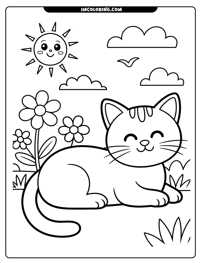 Black and white line art of A cute smiling cat lying in a flower garden under a happy sun with clouds and birds