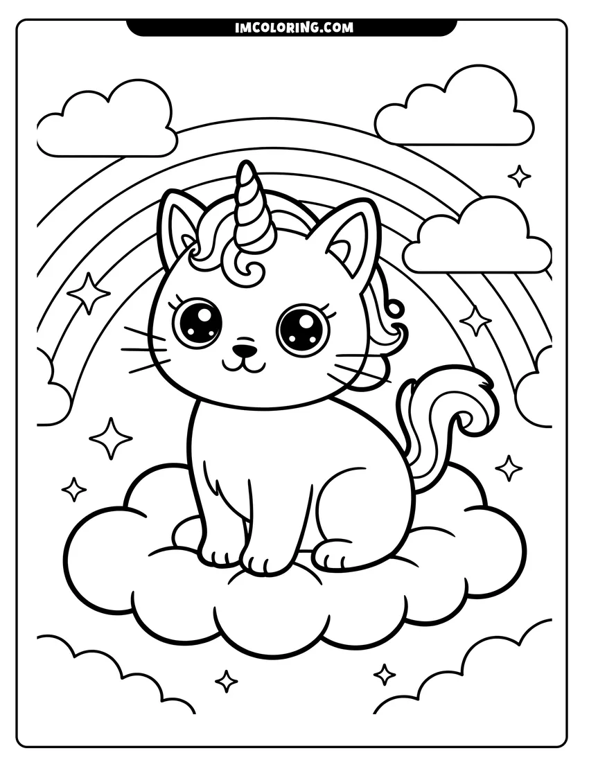 Free printable coloring sheet of A cute caticorn with a unicorn horn sitting on a fluffy cloud in front of a rainbow