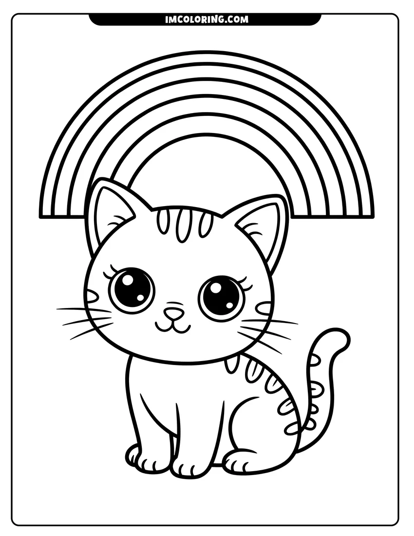 Coloring page of A cute cartoon kitten with big eyes sitting in front of a large striped rainbow arch